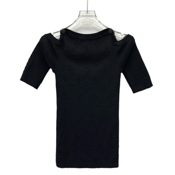 HW0125 Chanel Chanel black jacquard off-shoulder design short-sleeved sweater 36 - Picture 1 of 5